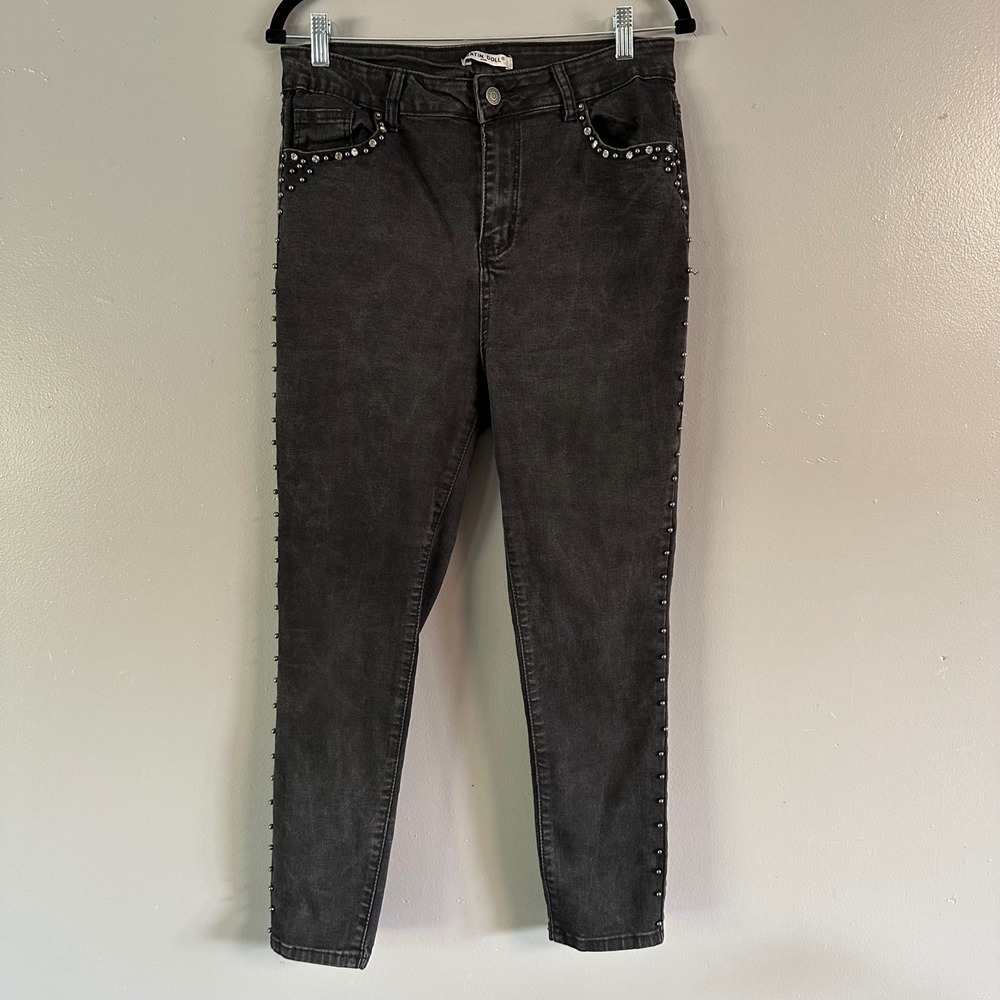 Satin‎ Doll Rhinestone Studded Beaded Trim Skinny Jeans | Black